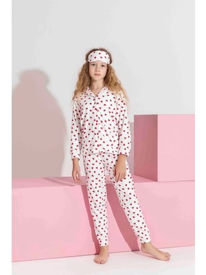 Miniğimin Cicileri Termal Kumaş Kalp Desenli Kız Çocuk Pijama Takımı - Beyaz