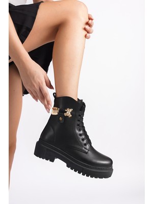 Asmi Shoes Kadın Eva Siyah Bagcıklı Fermuarlı Ayıcık Tokalı Kalın Taban Günlük Kısa Postal