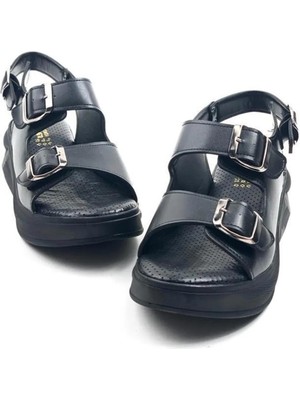 Asmi Shoes Kadın Dimma Siyah Konfor Ortopedik Taban Tokalı Sandalet