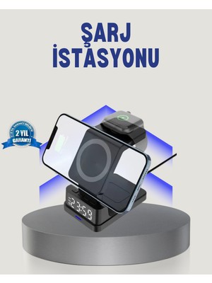 Sbusshop Kablosuz Şarj Cihazı ve Dijital Saat – 4’ü 1 Arada Hızlı Şarj Apple Uyumlu - SB001M-47XRB