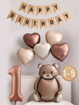 Parti Pera Retro Kahverengi Ayı Folyo Balon Kahverengi Rakam Folyo Balon Retro Kalp Folyo Balon Doğum Günü Balon Seti Pp