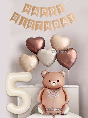 Parti Pera Retro Ayı Folyo Balon Kahverengi Rakam Folyo Balon Retro Kalp Folyo Balon Doğum Günü Balon Seti