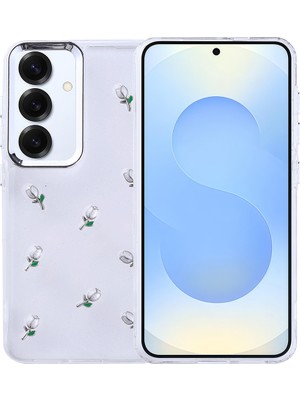 Kip GSM Samsung Galaxy S25 Plus Uyumlu Kılıf Kamera Koruyuculu Simli Lale Desenli Kabartmalı Şeffaf Slikon Kapak