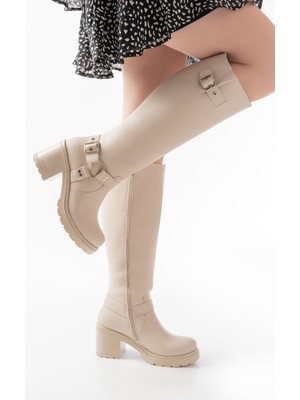 Zerenyus ZRİN-3005 Premium Bej Toka Aksesuarlı Fermuarlı Topuklu Kadın Bot