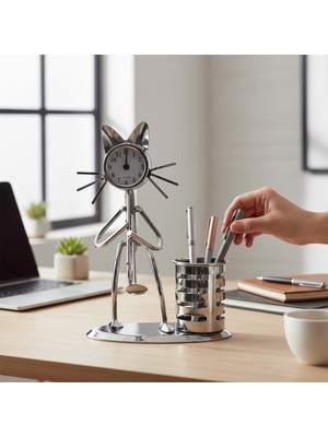 Keyfim Shop Metal Kedi Figürlü Masa Saati ve Kalemlik | Dekoratif Ofis Aksesuarı