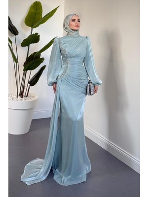 Merven Akyüz Ansel Yandan Taşlı Drapeli Janjan Abiye Mint