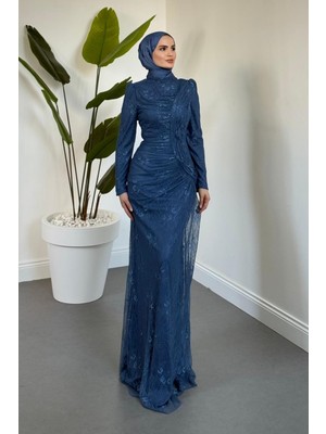 Merven Akyüz Sahra Dantel Kumaş Astarlı Balık Abiye Indigo