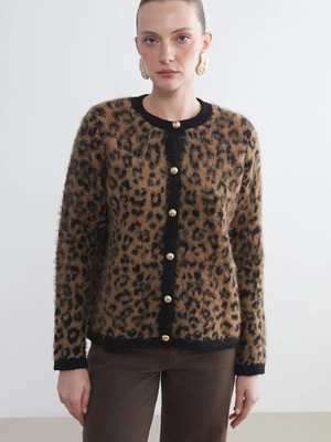 LC Waikiki Bisiklet Yaka Leopar Desenli Kadın Triko Hırka  (W5)