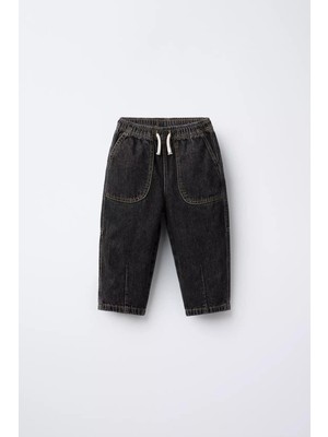 Magu Erkek Çocuk Pamuklu Siyah Denim Jogger Pantolon – Büyük Cepli, Lastik Belli Rahat Kesim