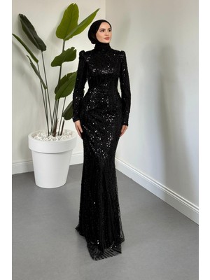 Merven Akyüz Mervena Korseli  Arkası Büzgülü Taş Işlemeli Abiye Siyah