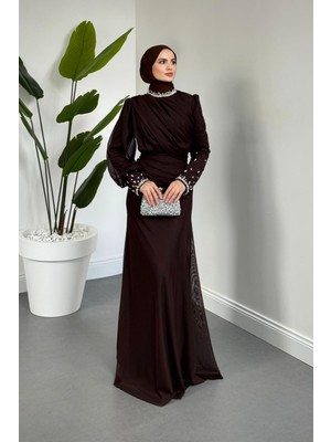 Merven Akyüz Lavrine Boynu ve Kolu Taşlı Tül Abiye Acı Kahve