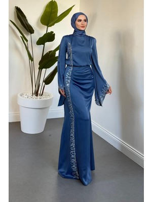 Merven Akyüz Melinos Yandan Taşlı Saten Abiye Indigo