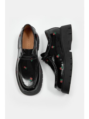 Nilufarr Freya Siyah Rugan Hakiki Deri Kadın Loafer