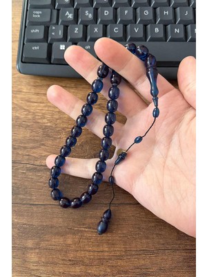 Tesbihkenti Mehmet Hızarcı İmzalı Tombul Mavi Ateş Kehribar Tesbih