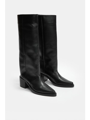 Nilufarr Carolayn Siyah Hakiki Deri Topuklu Kadın Çizme