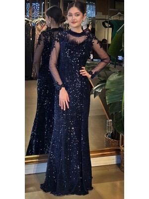 Abiyeniall Lacivert Yuvarlak Yaka Uzun Kollu Tuy Detaylı Balık Etekli Pul Payet Uzun Abiye Elbise 11133-03