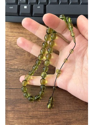 Tesbihkenti Mehmet Hızarcı İmzalı Tombul Yeşil Ateş Kehribar Tesbih