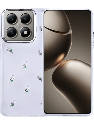 Kip GSM Xiaomi Mi 14T Uyumlu Kılıf Kamera Koruyucu Simli Lale Desenli Kabartmalı Şeffaf Slikon Kapak