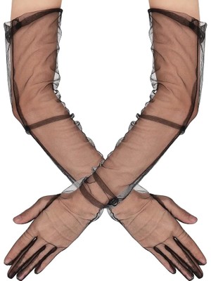 Uzun Boy Likralı Siyah Renk Yetişkin Tül Eldiven 53 cm