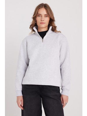 Tudors Kadın Relax Fit Rahat Kesim Pamuklu Içi Polarlı Yarım Fermuarlı Gri Dik Yaka Sweatshirt