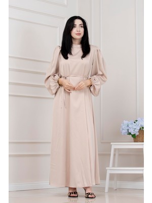 Sevitli Beli Bağcıklı Balon Kol Abiye-Bej