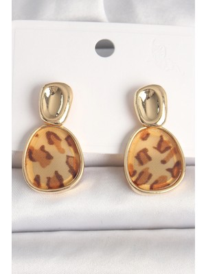 Pirinç Renk Sallantı Leopar Desen Kare Kadın Küpe