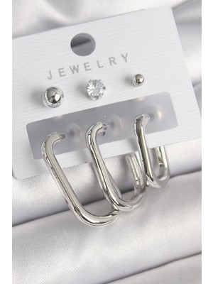 Pirinç Gümüş Renk Halka Zirkon Taşlı Topçuk Detay Kadın Küpe Seti