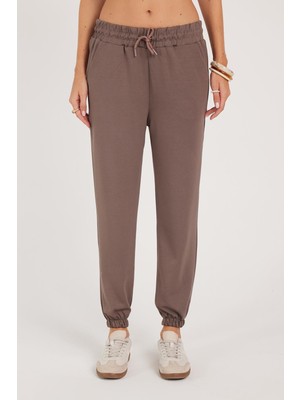 Tudors Kadın Relax Fit Rahat Kesim Modal Kumaş Beli Bağlamalı Lastikli Jogger Açık Kahve Pantolon