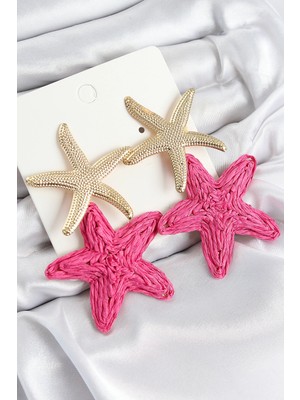 Pirinç Sallantılı Pembe Deniz Yıldızı Renk Hasır Küpe