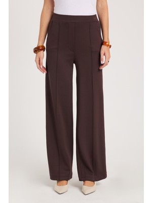 Tudors Kadın Relax Fit Rahat Kesim Modal Kumaş Yüksel Bel Geniş Paça Kahverengi Pantolon