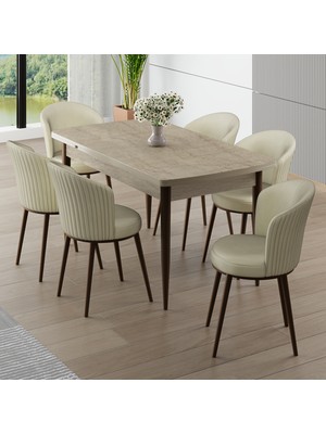 Canisa Asfel Serisi Mdf 77X130 Traverten Yandan Açılabilir Mutfak Masası Takımı 6 Sandalye