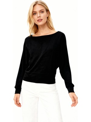 Rays Siyah Kayık Yaka Yarasa Kol Büzgülü Bluz 8316A