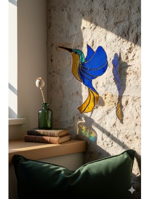 El Yapımı Vitray Kolibri Kuşu Güneş Yakalayıcı - Mavi Sarı Cam Pencere Asılı Duvar Dekoru