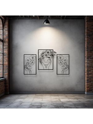 STE 3 Parça Metal Duvar Dekoru – Kadın Silueti Çiçekli Tablo Modern Ev Ofis Dekorasyonu