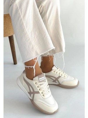 Bilfold Zlay Bej Cilt Vizon Detaylı Bağcıklı Spor Ayakkabı