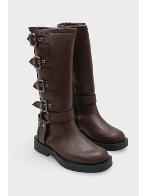 Capone Outfitters Kadın Motorcu Çizme Kahve Suni Deri Kalın Topuklu Şık Tasarım