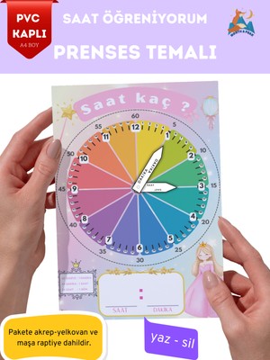 Prenses Temalı Saat Öğrenme Materyali – Pvc Kaplı, Hareketli Akrep Yelkovan, Yaz-Sil Eğitim Saati