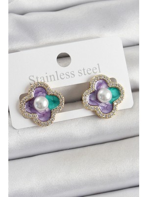 Pirinç Mor Mineli Inci Detaylı Zirkon Taşlı Sanatsal Portre Yonca Renk Kadın Küpe