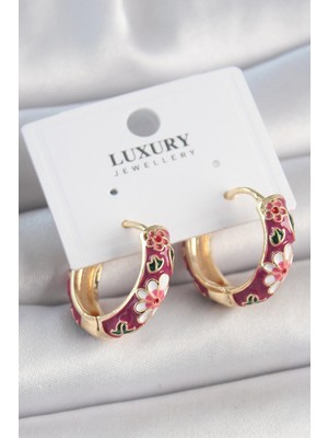 Pirinç Renk Halka Mor Çiçek Mineli Kadın Küpe