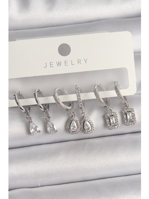 Pirinç Gümüş Renk Sallantı Zirkon Taşlı Damla Kadın Küpe Seti