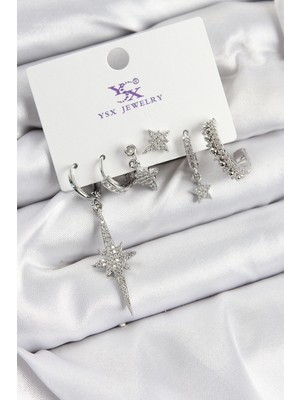 Pirinç Zi̇rkon Taşlı Kutup Yıldızı Gümüş Renk 3'lü Çift Kadın Küpe