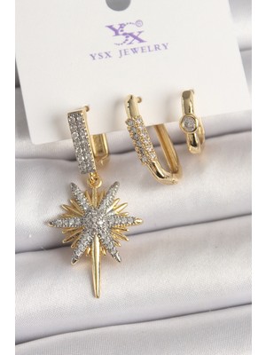 Pirinç Renk Sallantı Zirkon Taşlı Kutup Yıldız 3'lü Kadın Kombin Küpe