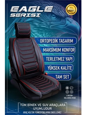 Castor Otomotiv Mini Copper Contryman Uyumlu Yarı Deri Oto Koltuk Kılıfı 5li Set Eagle Seri Siyah-Kırmızı