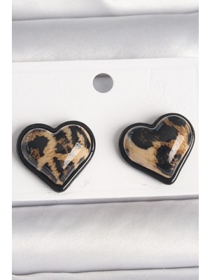 Pirinç Siyah Renk Leopar Desen 3D Kalp Kadın Küpe
