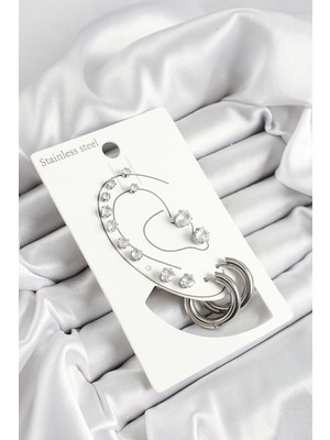 316L Çelik Halka Figürlü ve Zirkon Taşlı Gümüş Renk 7'li Çift Kadın Küpe Set