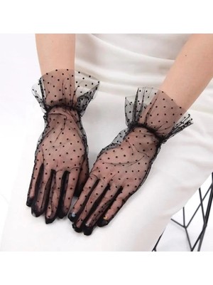 Kısa Boy Güpürlü Siyah Puantiyeli Tül Eldiven Siyah Renk