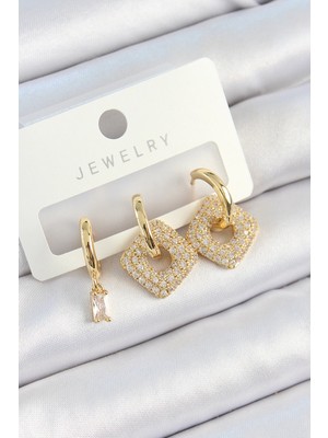 Pirinç Zirkon Taşlı Kare Renk 3'lü Çift Kadın Küpe Set