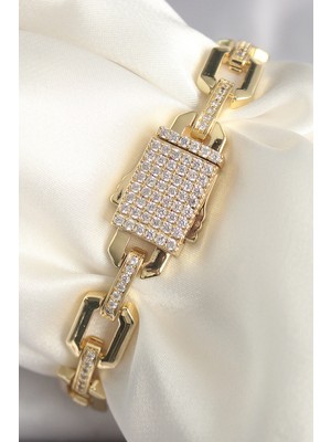 Pirinç Renk Zirkon Taş Detaylı Kare Zincir Xuping Vip Exculusive Seri Kadın Bileklik