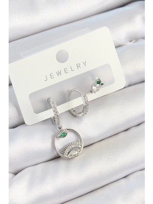 Pirinç Zirkon Taşlı Göz ve Baykuş Gümüş Renk 3'lü Çift Kadın Küpe Set