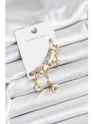 Pirinç Renk Ay Kadın Set Küpe